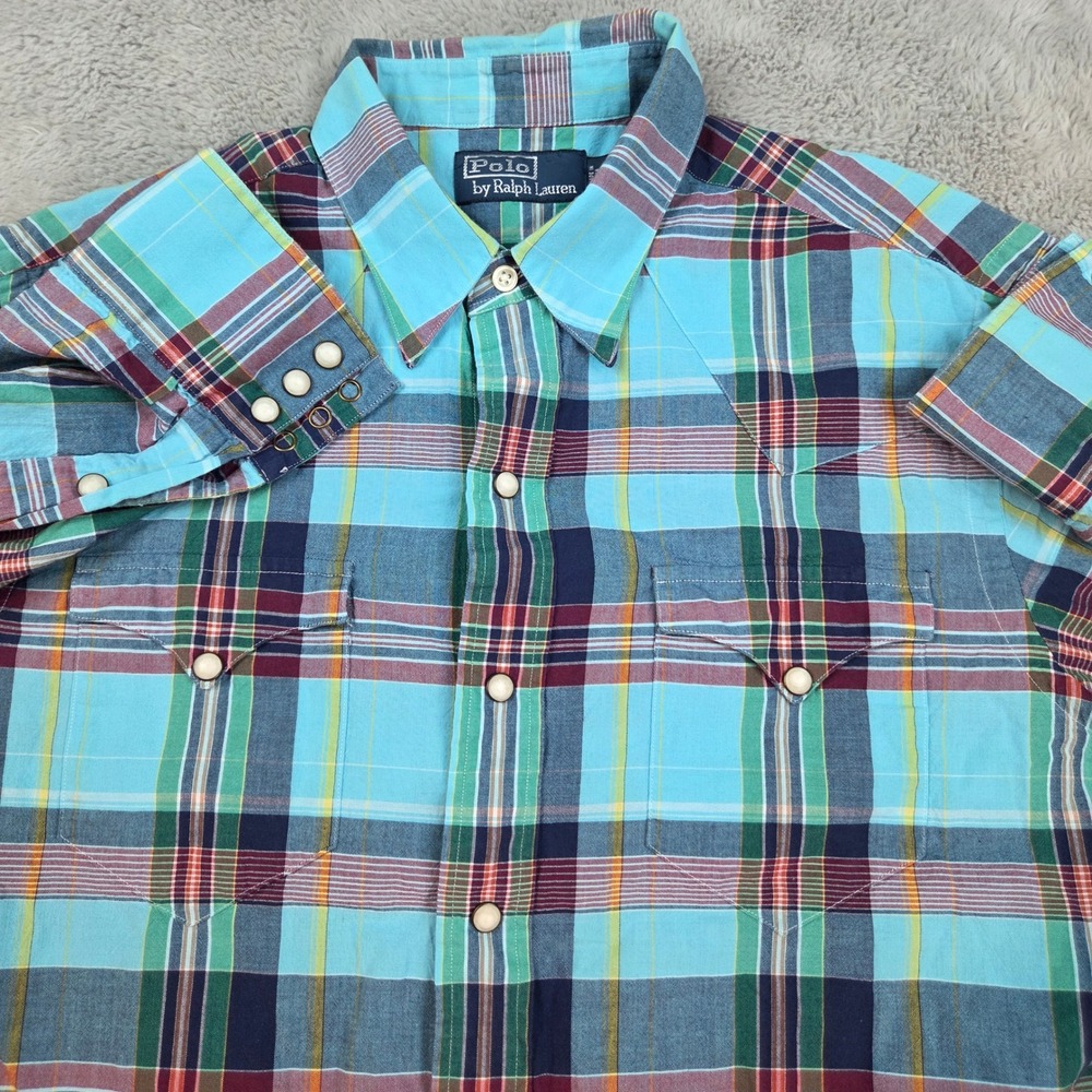 Polo Ralph Lauren Mens M Pearl Snap Shirt Plaid Western Yoke Turquoise Cotton